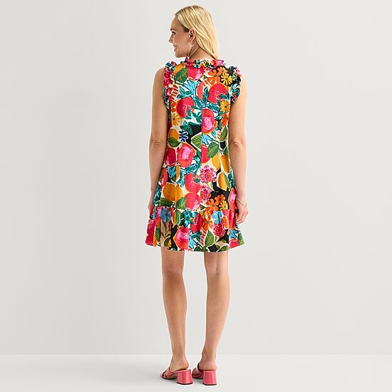 52seven Womens Split Tie Neck Sleeveless Floral Shift Dress