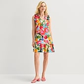 52seven Womens Split Tie Neck Sleeveless Floral Shift Dress