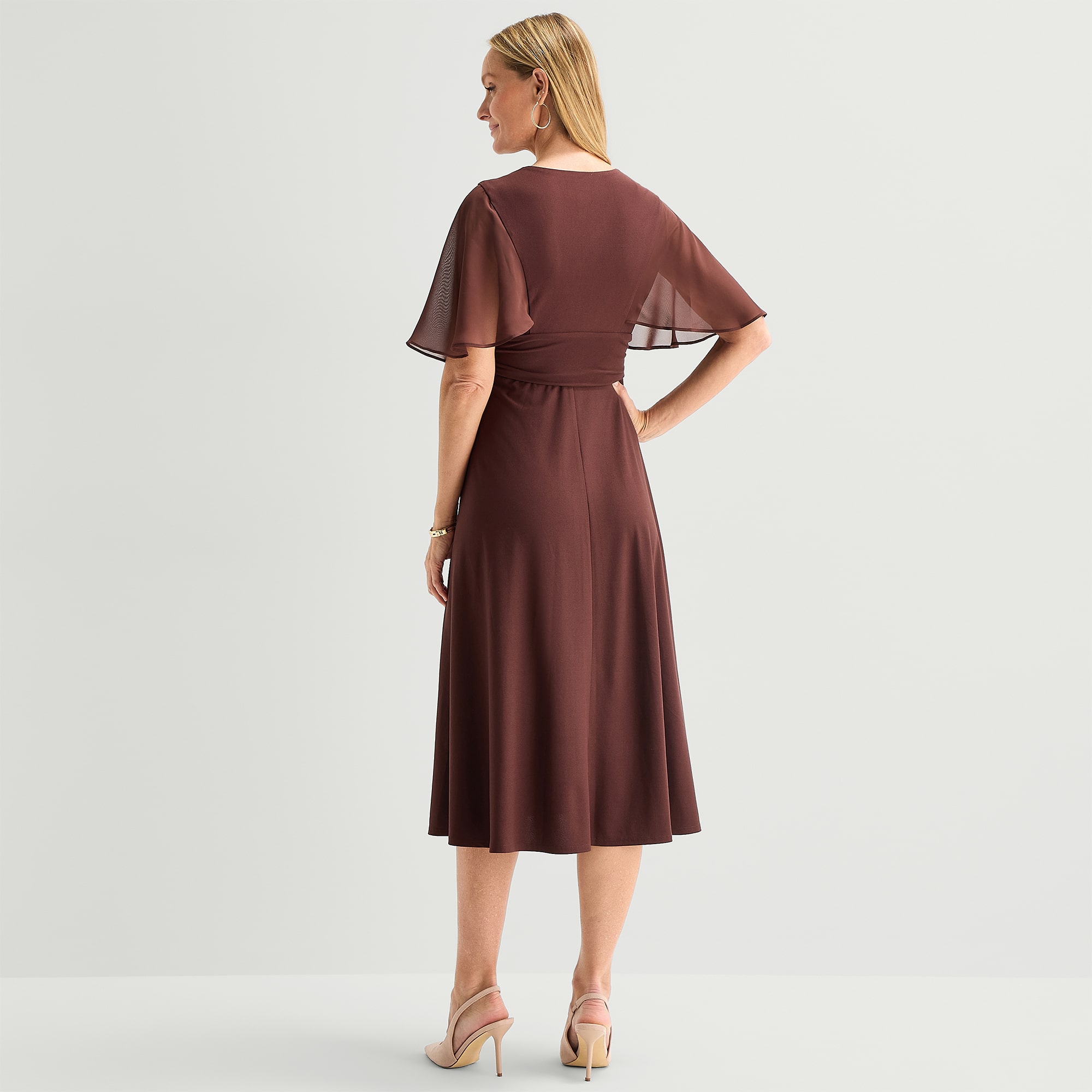 Perceptions Womens Midi V Neck Short Sleeve Cape Fit + Flare Dress