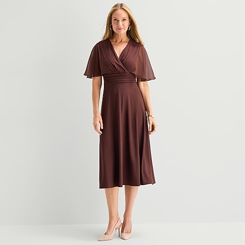 Perceptions Womens Midi V Neck Short Sleeve Cape Fit + Flare Dress In Brown