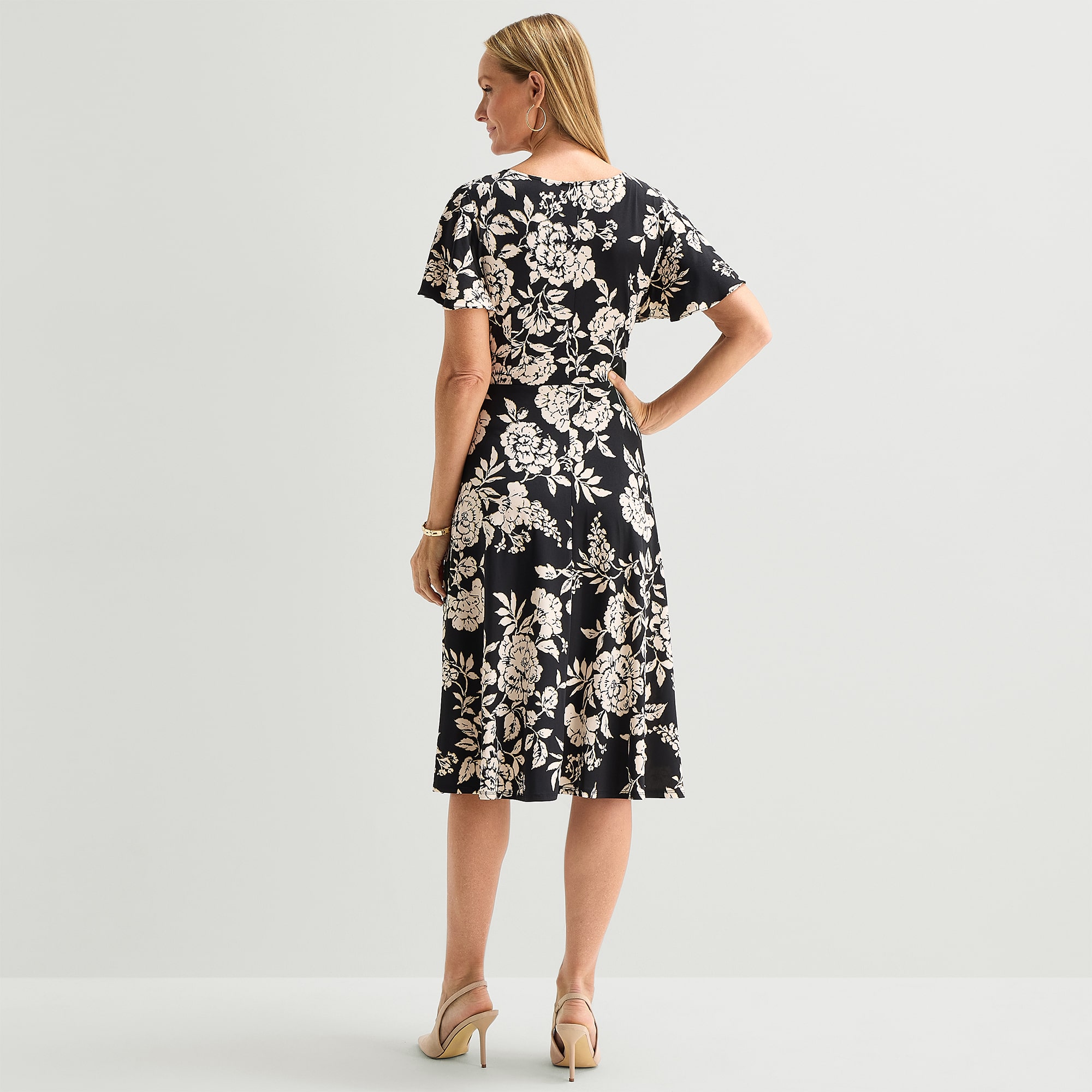 Perceptions Womens Midi V Neck Short Sleeve Flutter Floral Fit + Flare Dress