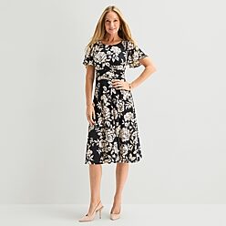 Perceptions Womens Midi V Neck Short Sleeve Flutter Floral Fit +
