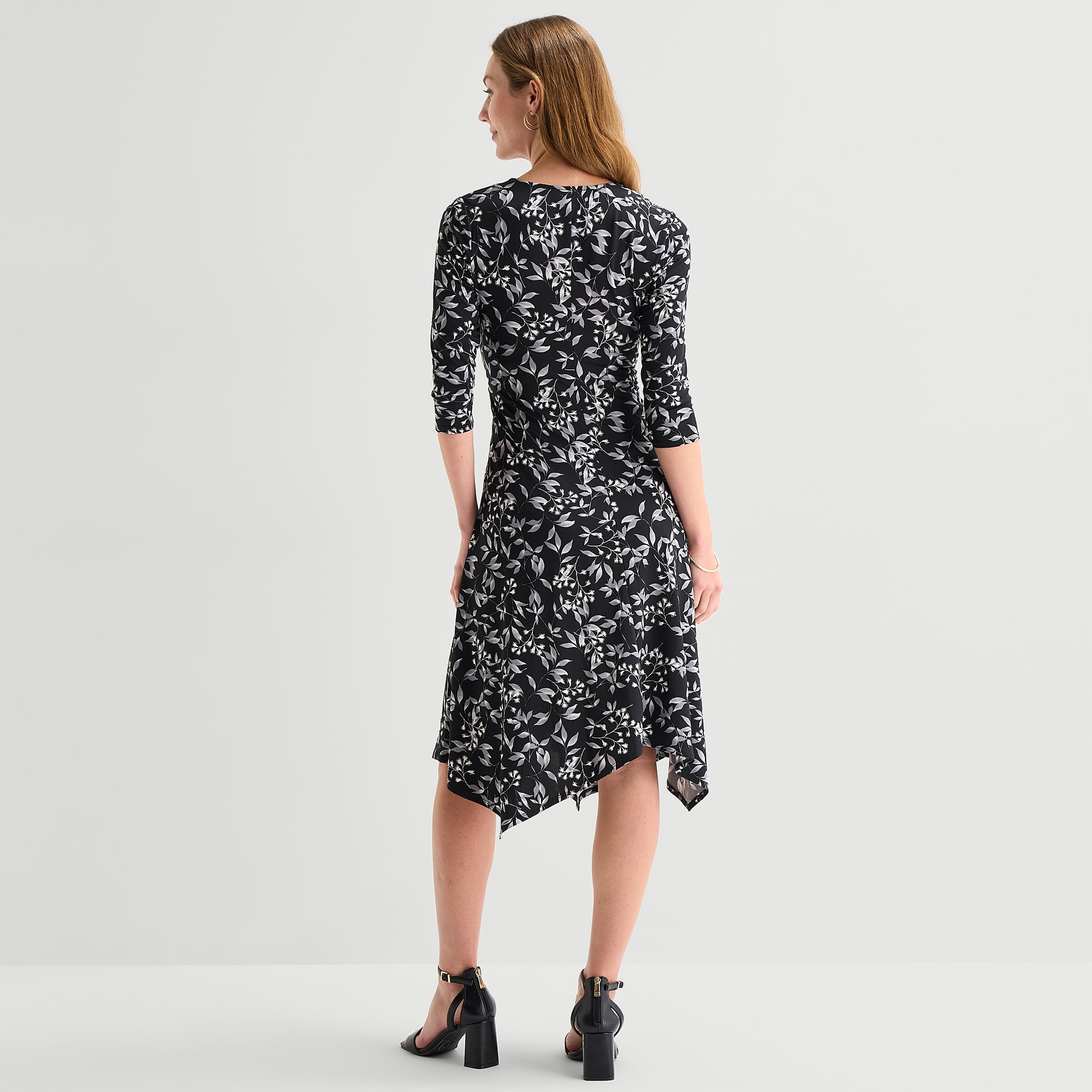 Perceptions Womens Midi V Neck 3/4 Sleeve Leaf Fit + Flare Dress