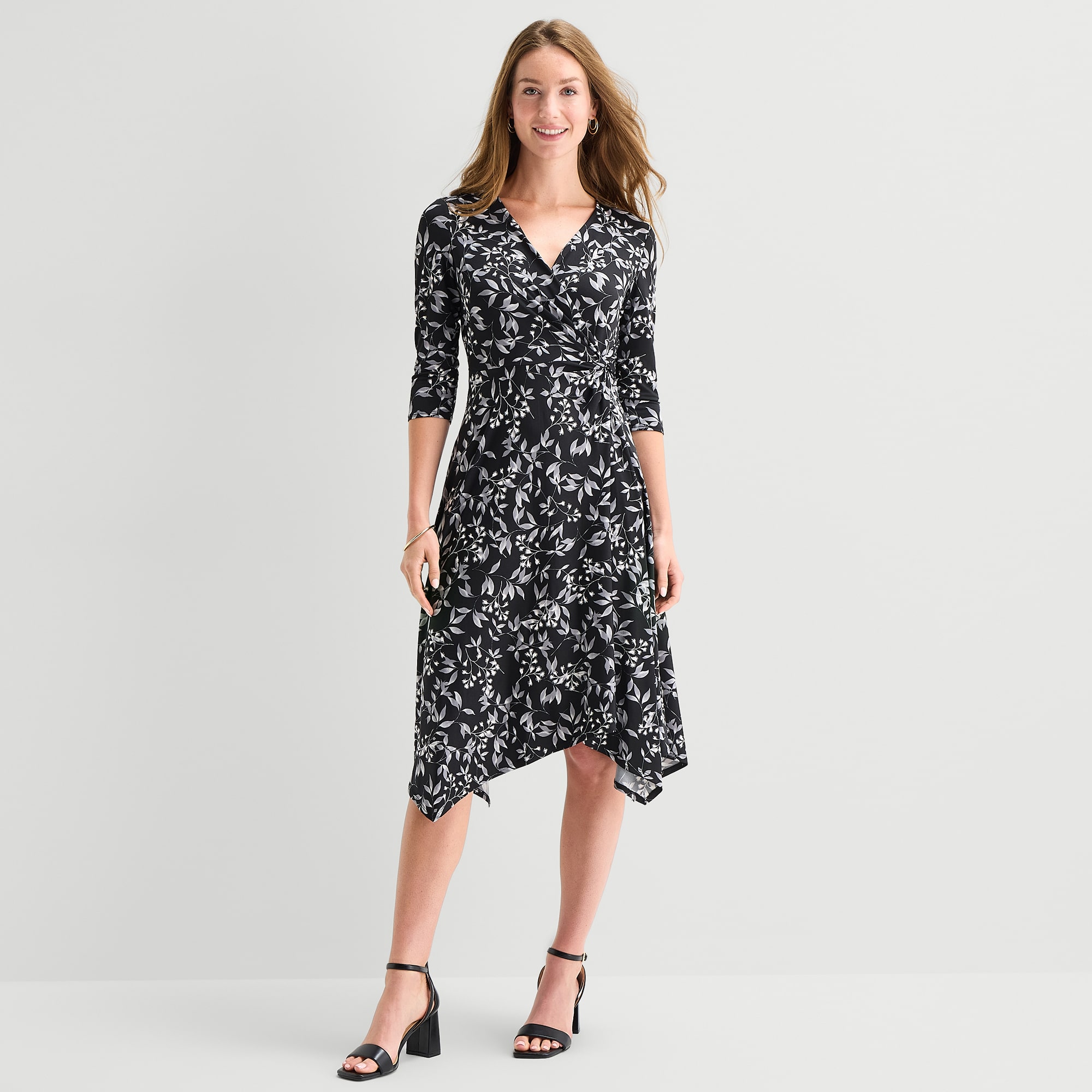 Perceptions Womens Midi V Neck 3/4 Sleeve Leaf Fit + Flare Dress