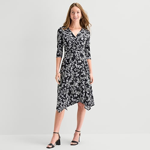 Perceptions Womens Midi V Neck 3/4 Sleeve Leaf Fit + Flare Dress In Black