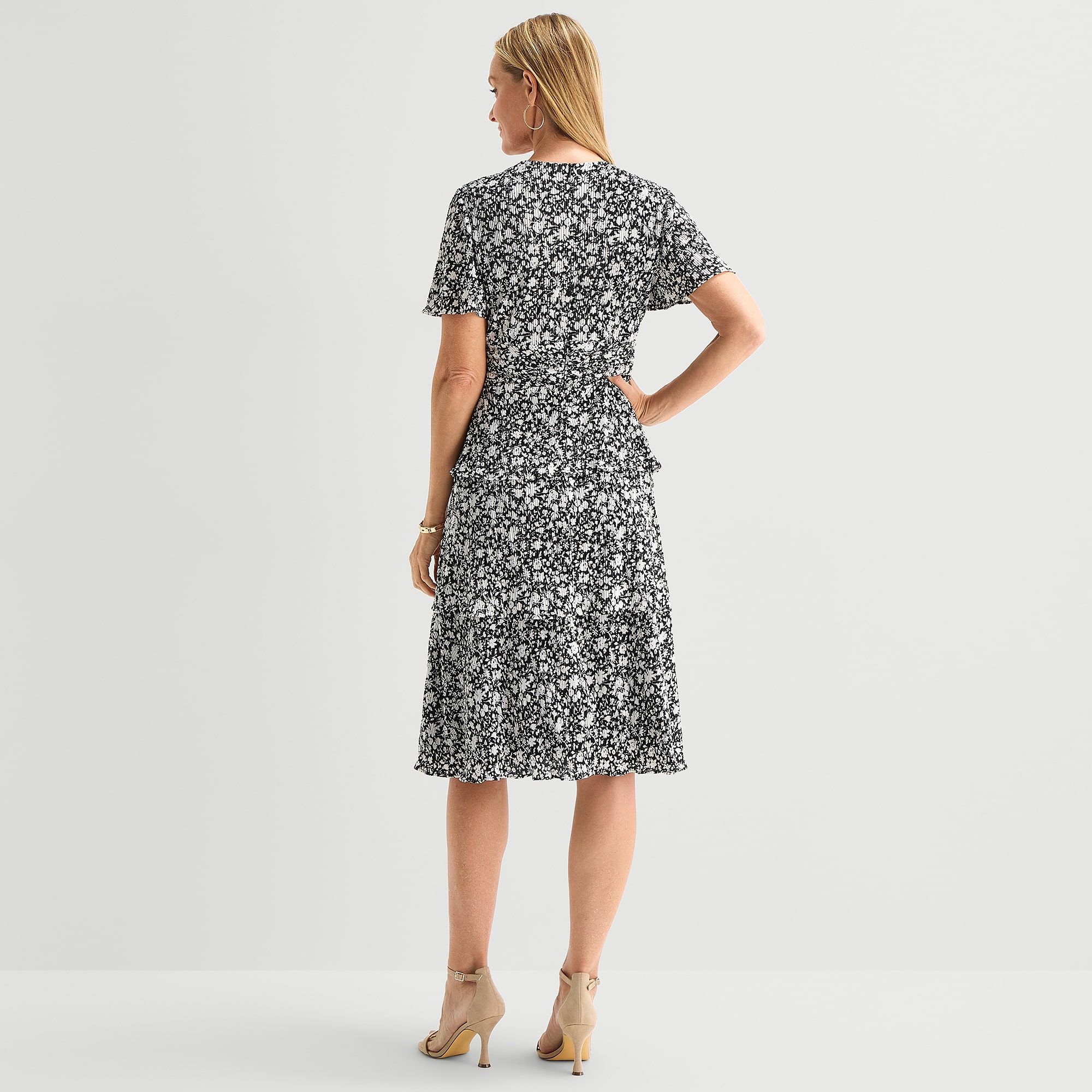 Perceptions Womens Midi V Neck Short Sleeve Flutter Floral Fit + Flare Dress