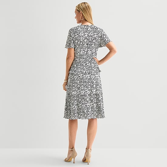Perceptions Womens Midi V Neck Short Sleeve Flutter Floral Fit + Flare Dress
