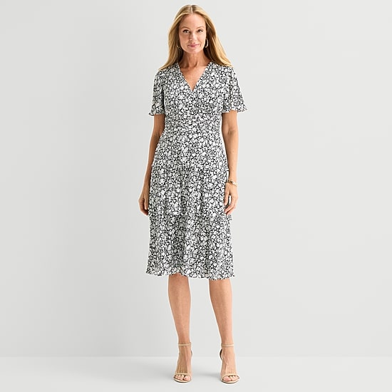 Perceptions Womens Midi V Neck Short Sleeve Flutter Floral Fit + Flare Dress