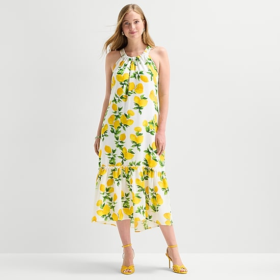 52seven Womens Midi Round Neck Sleeveless Shift Dress