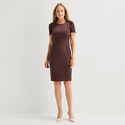 Marc New York Womens Round Neck Short Sleeve Sheath Dress In Brown