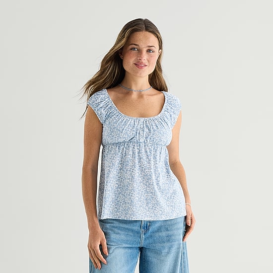 Arizona Womens Juniors Scoop Neck Short Sleeve Babydoll Top