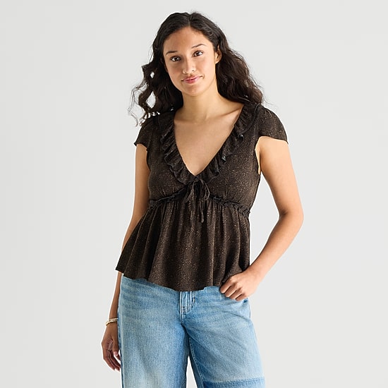 Arizona Womens Juniors V Neck Short Sleeve Babydoll Top