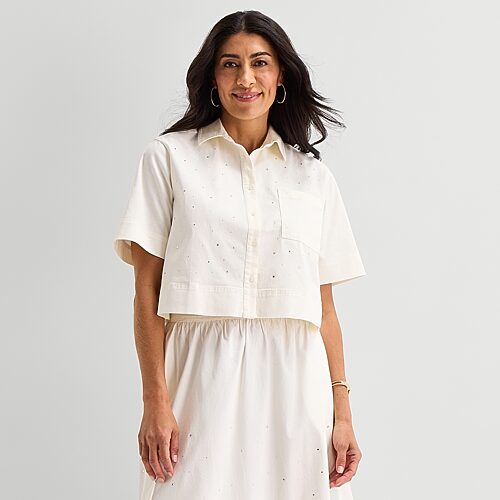 Liz Claiborne Studded Womens Short Sleeve Blouse In White