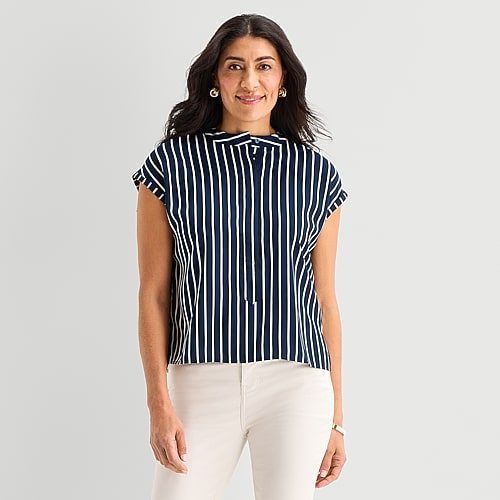 Liz Claiborne Womens Round Neck Short Sleeve Blouse In Blue