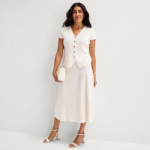 Liz Claiborne Womens High Rise Midi Sweater Flared Skirt In White