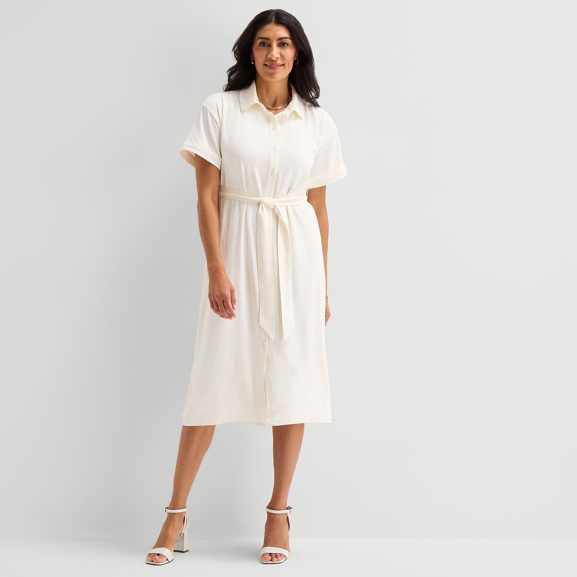 Liz Claiborne Womens Short Sleeve Midi Shirt Dress