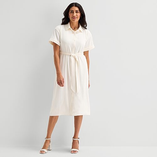 Liz Claiborne Womens Short Sleeve Midi Shirt Dress In White
