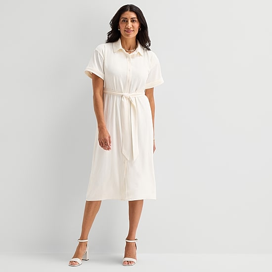Liz Claiborne Womens Short Sleeve Midi Shirt Dress