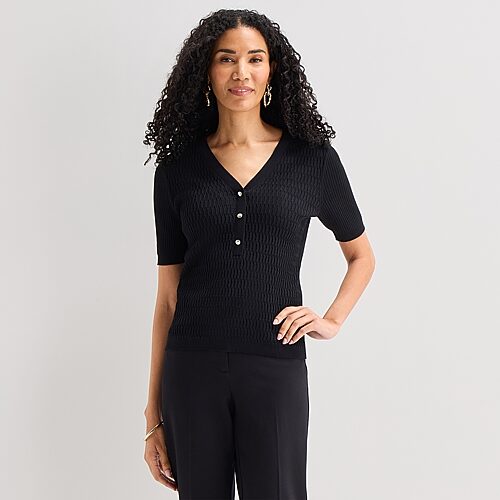 Liz Claiborne Womens Henley Neck Short Sleeve Pullover Sweater In Black