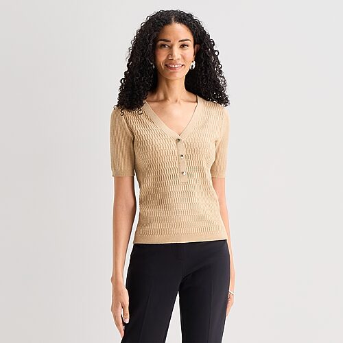 Liz Claiborne Womens Henley Neck Short Sleeve Pullover Sweater In Sand