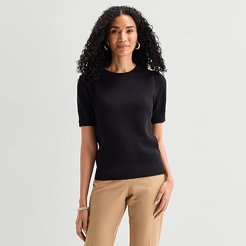 Liz Claiborne Womens Crew Neck Short Sleeve Pullover Sweater In Black
