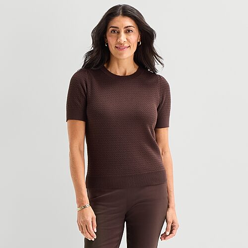 Liz Claiborne Womens Crew Neck Short Sleeve Pullover Sweater, Large, Brown
