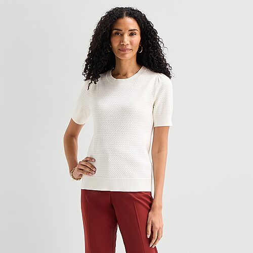 Liz Claiborne Womens Crew Neck Short Sleeve Pullover Sweater In White