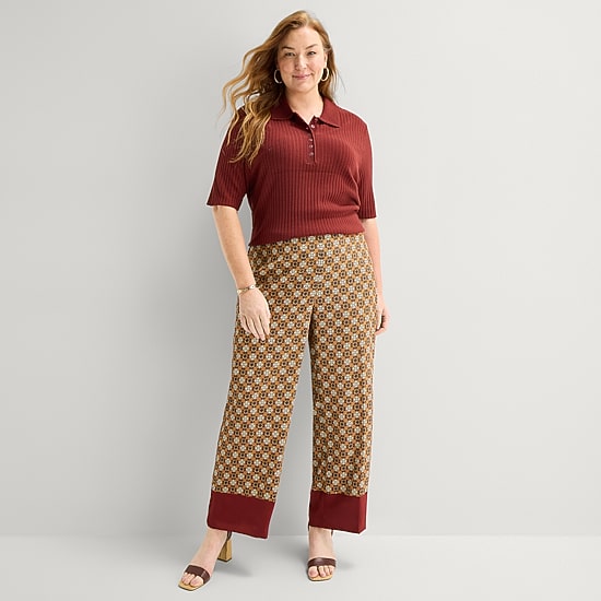 Liz Claiborne Medallion Womens Plus Wide Leg Mid Rise Pull-On Pant