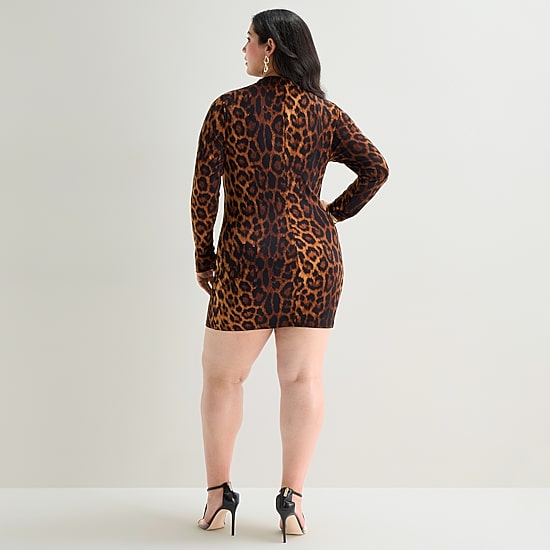 leopard print bodycon dress long sleeve Bold Elements Women's Plus Mock Neck Fitted | Brown | Plus 1X 1950s Pattern, Sunburst Rockabilly mon cheri mother of the bride collection and more length:32