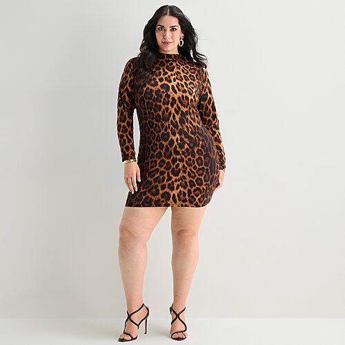 Bold Elements Womens Plus Mock Neck Long Sleeve Fitted Bodycon Dress In Brown
