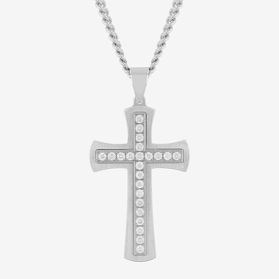 (G-H / Si1) Mens 1 CT. T.W. Lab Grown Diamond Stainless Steel Cross 24 Inch Pendant Necklace
