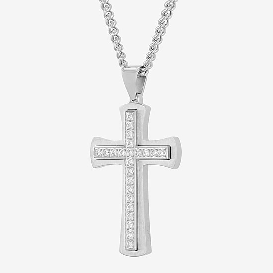 (G-H / Si1) Mens 1 CT. T.W. Lab Grown Diamond Stainless Steel Cross 24 Inch Pendant Necklace