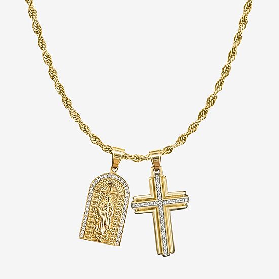 Mens Cubic Zirconia Stainless Steel Cross 26 Inch Pendant Necklace