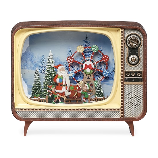 Roman 6.75in Lighted Swirl With Santa Tv Plays Music Christmas Tabletop Decor