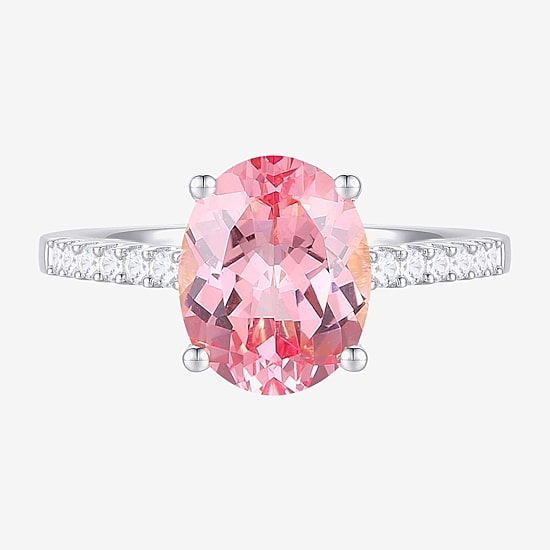Womens Lab Created Pink Sapphire Sterling Silver Oval Side Stone Cocktail Ring