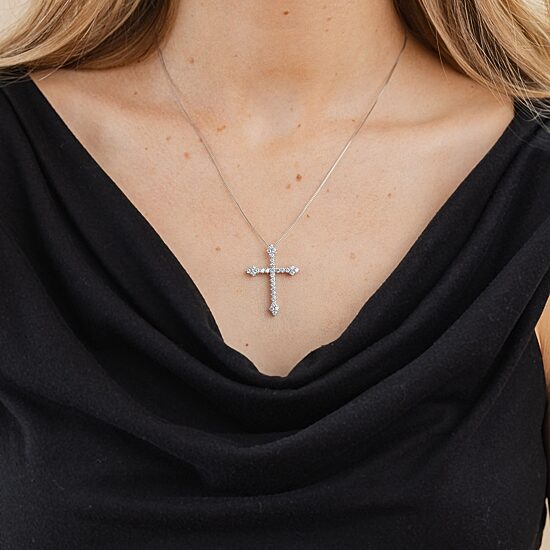 (H / Si2) Womens 1 CT. T.W. Lab Grown White Diamond 10K Gold Cross 18 Inch Pendant Necklace