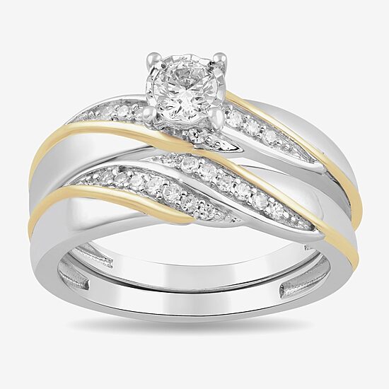 1/2 CT. T.W. Lab Grown White Diamond 14K Gold Over Silver Side Stone Bridal Set - Womens size 7 Ring / Mens size 10.5 Band