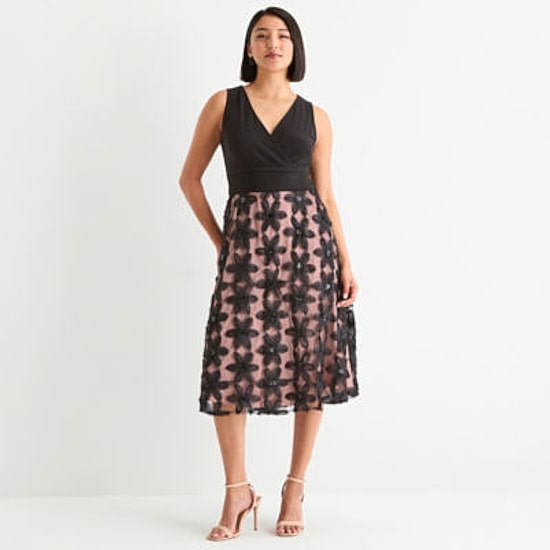 Brianna Milay Womens Sleeveless Applique Embroidered Floral Fit + Flare Dress
