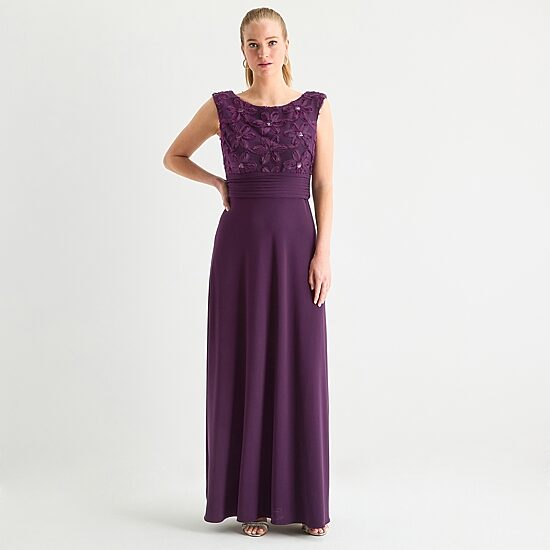 Brianna Milay Womens Round Neck Sleeveless Applique Embroidered Evening Gown