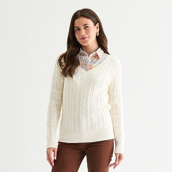 St. John's Bay Womens V Neck Long Sleeve Cable Knit Pullover Sweater