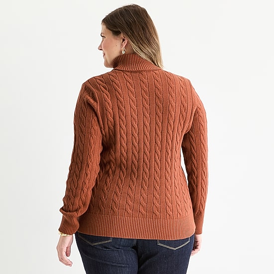 St. John's Bay Plus Womens Turtleneck Long Sleeve Cable Knit Pullover Sweater