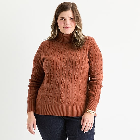 St. John's Bay Plus Womens Turtleneck Long Sleeve Cable Knit Pullover Sweater