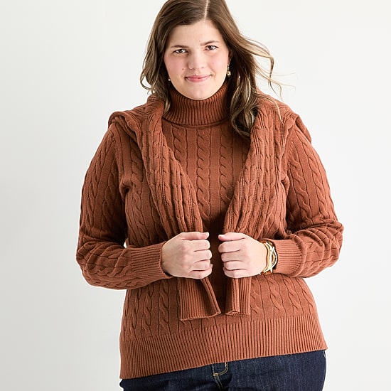 St. John's Bay Plus Womens Turtleneck Long Sleeve Cable Knit Pullover Sweater