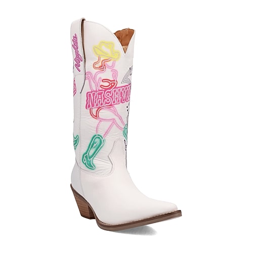 Dingo Womens Nashville Nights Leather Stacked Heel Cowboy Boots, 8 Medium, White