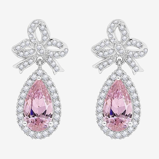Diamonart Marilyn Monroe Womens Pink Cubic Zirconia Sterling Silver Bow Pear Round Drop Earrings