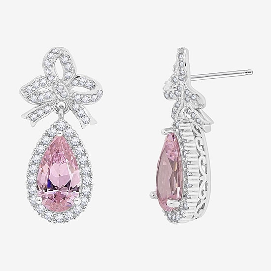 Diamonart Marilyn Monroe Womens Pink Cubic Zirconia Sterling Silver Bow Pear Round Drop Earrings