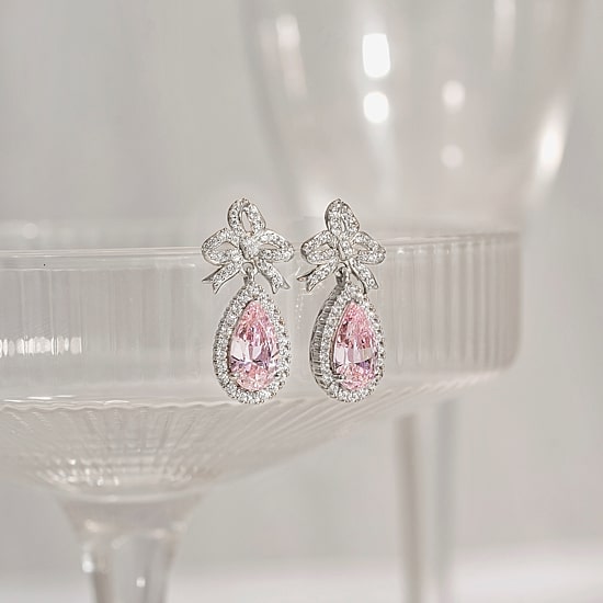 Diamonart Marilyn Monroe Womens Pink Cubic Zirconia Sterling Silver Bow Pear Round Drop Earrings