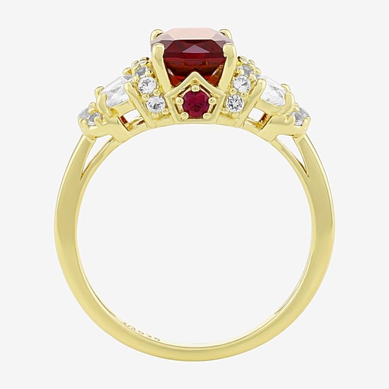 Womens Lab Created Red Ruby 14K Gold Over Silver Cushion Side Stone Cocktail Ring