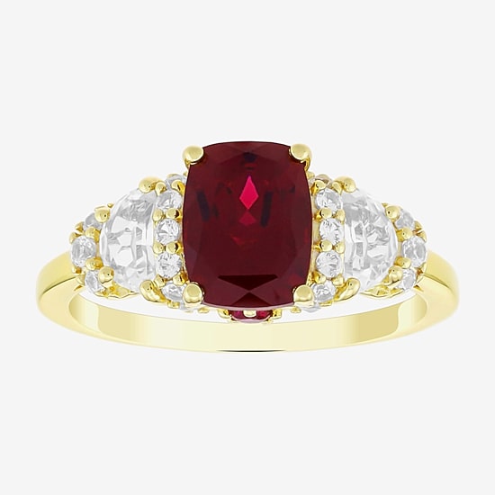 Womens Lab Created Red Ruby 14K Gold Over Silver Cushion Side Stone Cocktail Ring