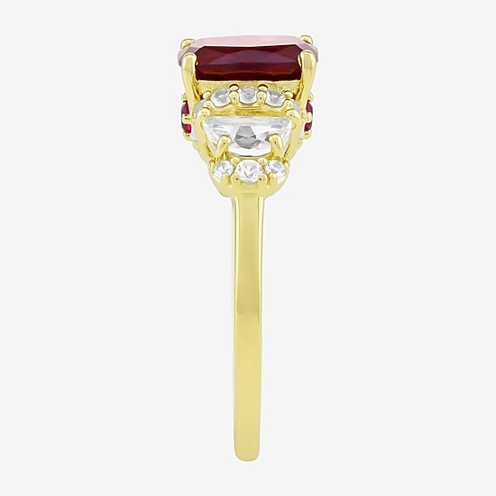 Womens Lab Created Red Ruby 14K Gold Over Silver Cushion Side Stone Cocktail Ring